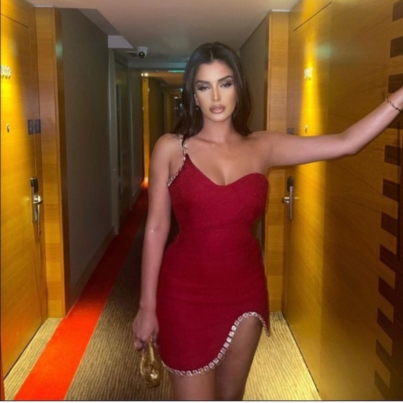 ZARA Chain Trimmed Asymmetric Dress Burgundy - Picture 6 of 16